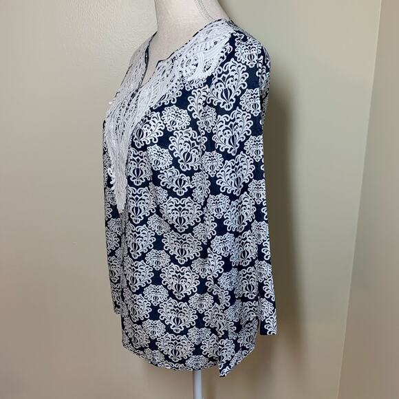 Talbots Navy and White Floral Cotton Tunic Size XS - Picture 2 of 6